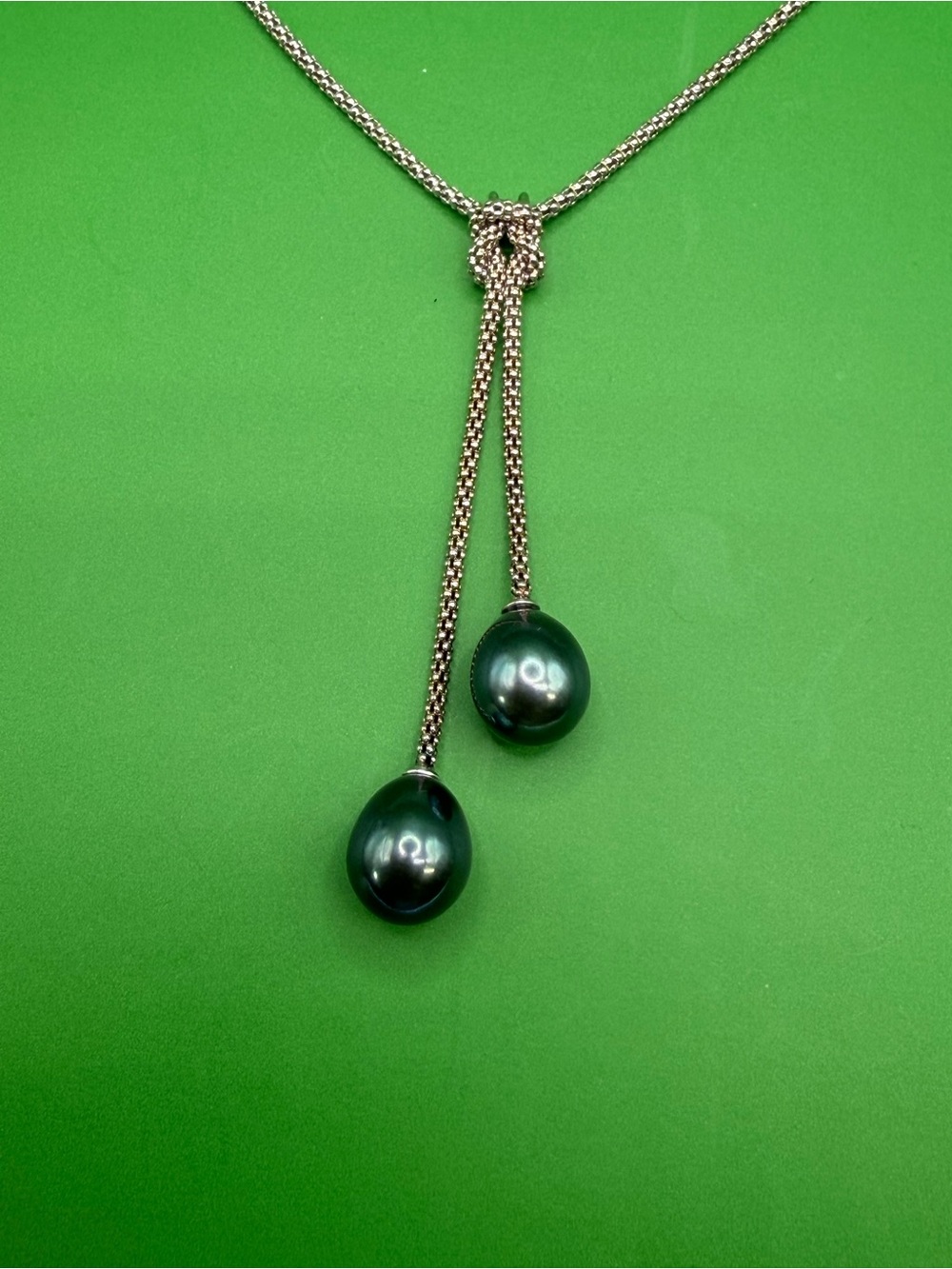 Silver Lariat Necklace with Dark Green Pearl Drops